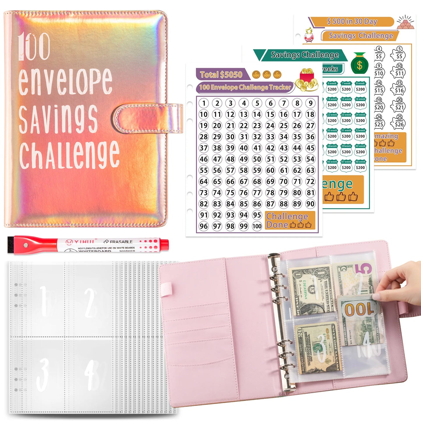 100 Envelope Challenge Binder Easy and Fun Way to Save  Savings Challenges Binder Budget Binder with Cash Envelopes