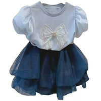 Children's Clothing Sets Summer Girls' Bubble Sleeve T-shirt Bow Top+ Baby Mesh Half Skirt Two Piece Set For Kids