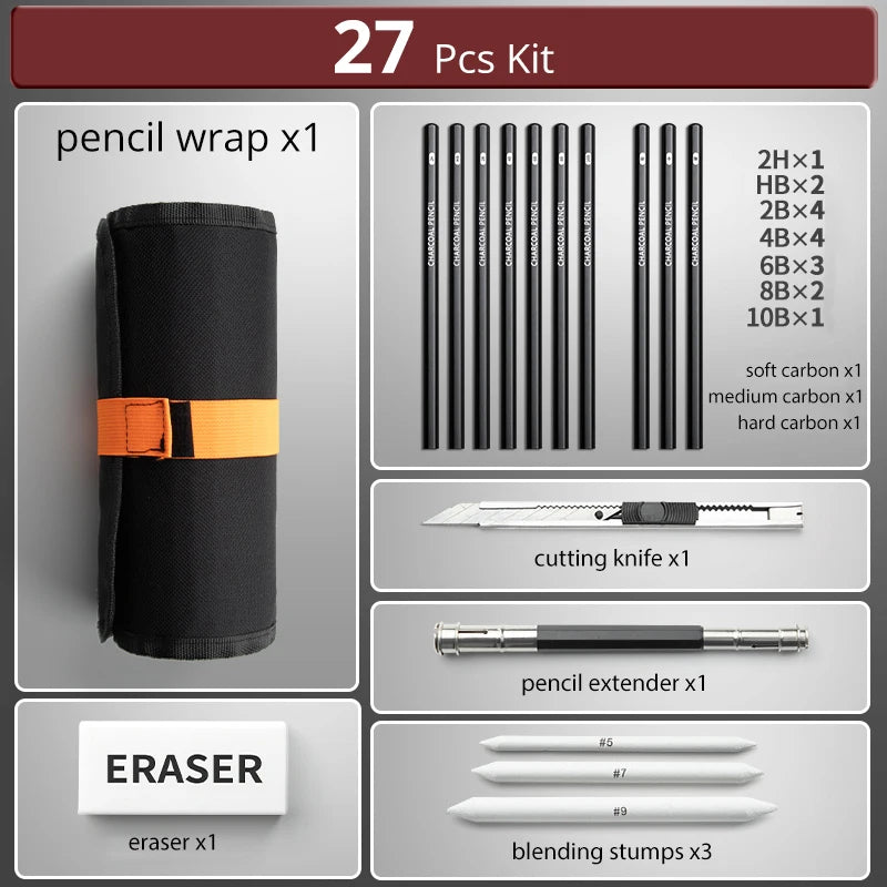 48Pcs Drawing Kit Sketching Pencils Set,Portable Pen Curtain-Charcoal Pencils, Sketch Pencils, Charcoal Stick,Sharpener,Eraser