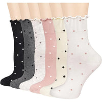 6 Pairs Women's Ruffle Socks,Casual Ankle Breathable Cool Knit Cotton Cute Polka Dot Dress Crew Socks