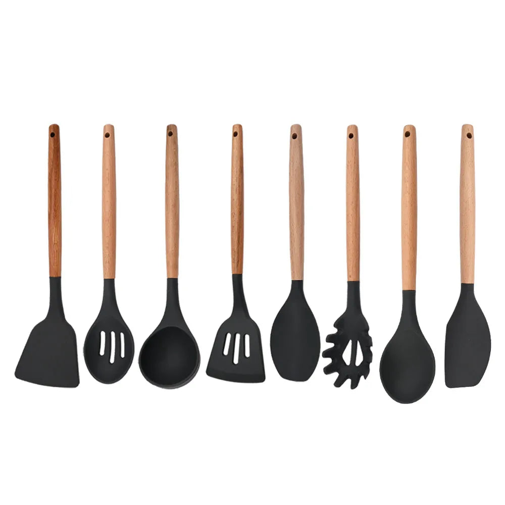 Silicone Kitchenware Cooking Utensils Set Non-stick Cookware Spatula Shovel Egg Beaters Wooden Handle Kitchen Cooking Tool Set