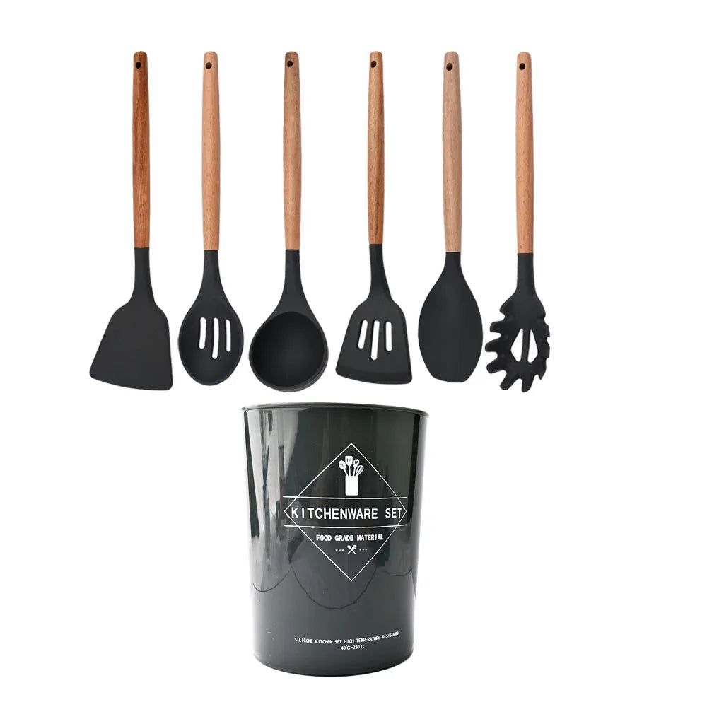 Silicone Kitchenware Cooking Utensils Set Non-stick Cookware Spatula Shovel Egg Beaters Wooden Handle Kitchen Cooking Tool Set