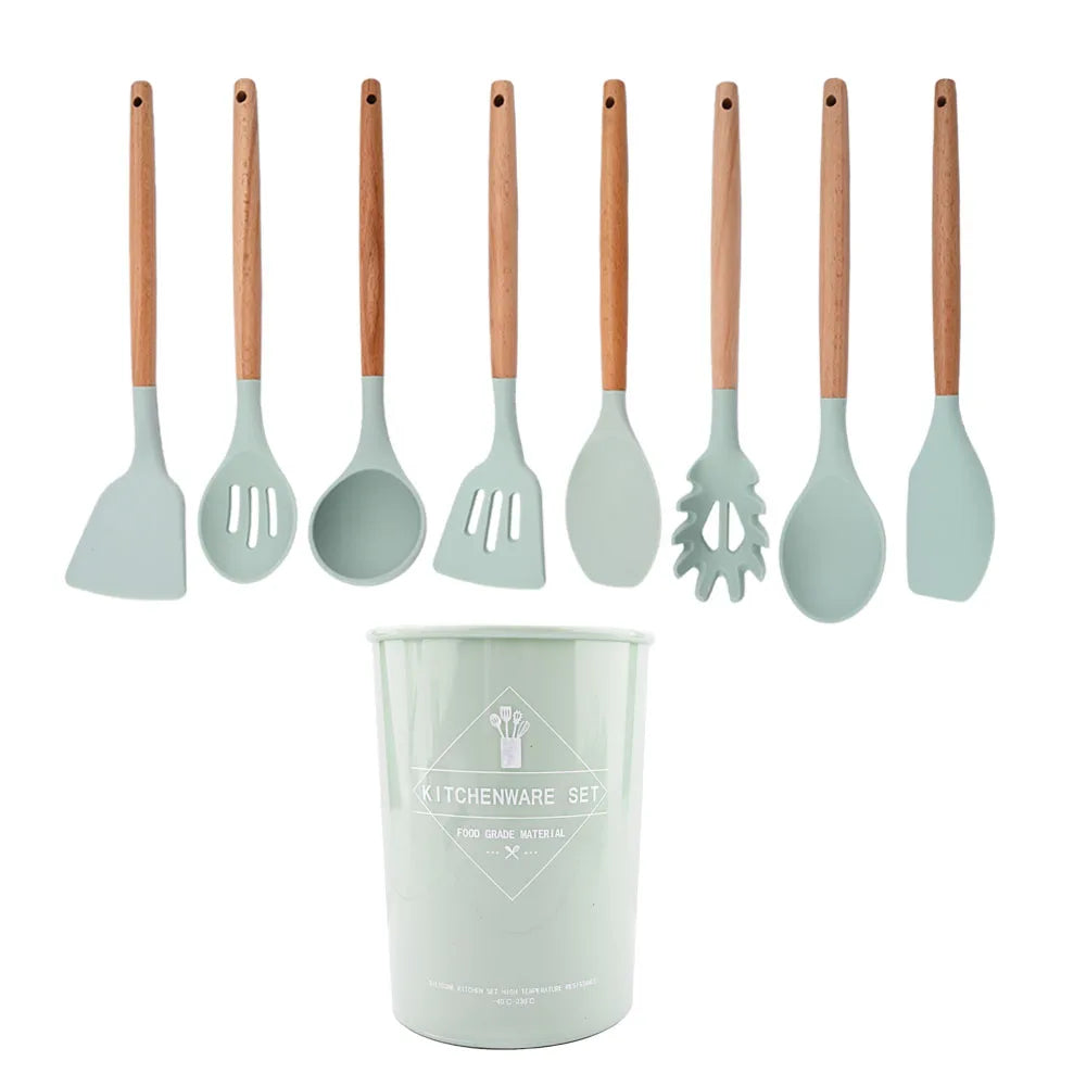 Silicone Kitchenware Cooking Utensils Set Non-stick Cookware Spatula Shovel Egg Beaters Wooden Handle Kitchen Cooking Tool Set