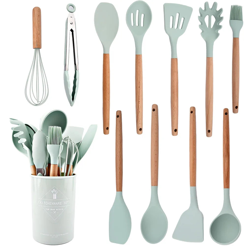 Silicone Kitchenware Cooking Utensils Set Non-stick Cookware Spatula Shovel Egg Beaters Wooden Handle Kitchen Cooking Tool Set