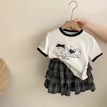 Girls' Summer Clothing New Korean Bow Cartoon Short Sleeved 2025 Lace Checkered Versatile Cake Skirt Two-piece Set