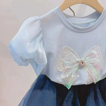 Children's Clothing Sets Summer Girls' Bubble Sleeve T-shirt Bow Top+ Baby Mesh Half Skirt Two Piece Set For Kids